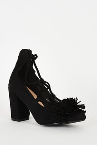 Black Lace Up Fringed Faux Suede Block Heel Shoes - Enlightened_Apparel2018